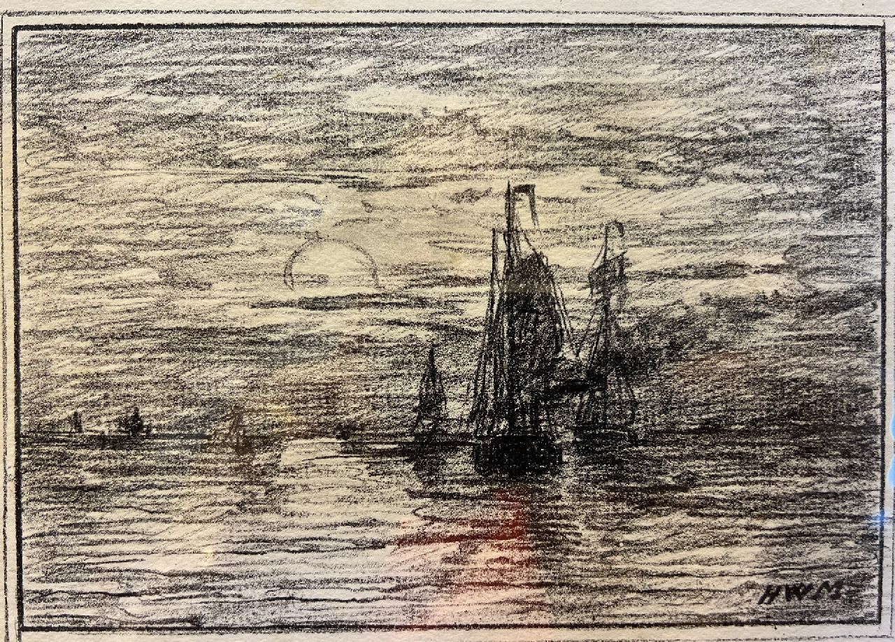 Mesdag H.W.  | Hendrik Willem Mesdag, Schiffe bei untergehender Sonne, Litho 12,5 x 17,5 cm, Unterzeichnet r.u.
