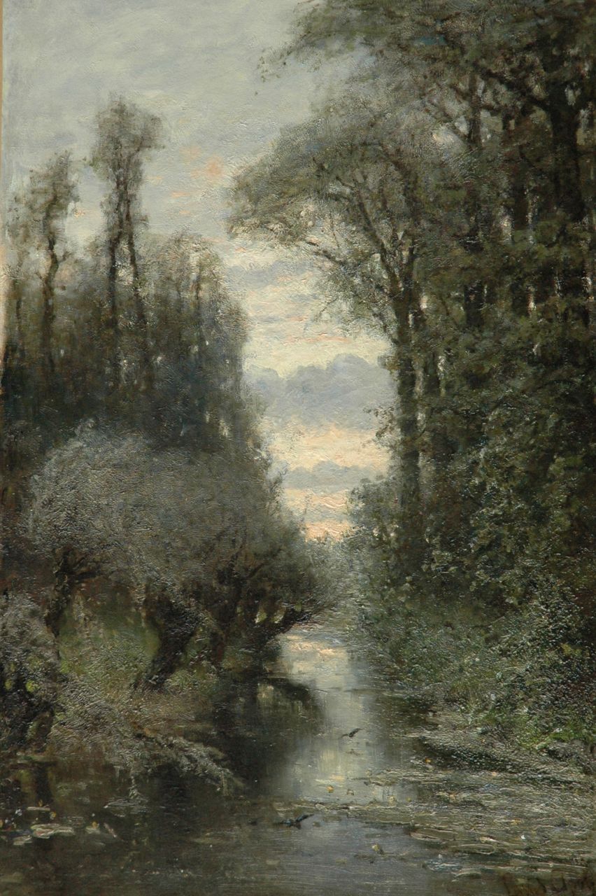 Apol L.F.H.  | Lodewijk Franciscus Hendrik 'Louis' Apol, Kleiner Waldflusslauf im Sonnenuntergang, Öl auf Leinwand 90,5 x 60,1 cm, Unterzeichnet r.u.