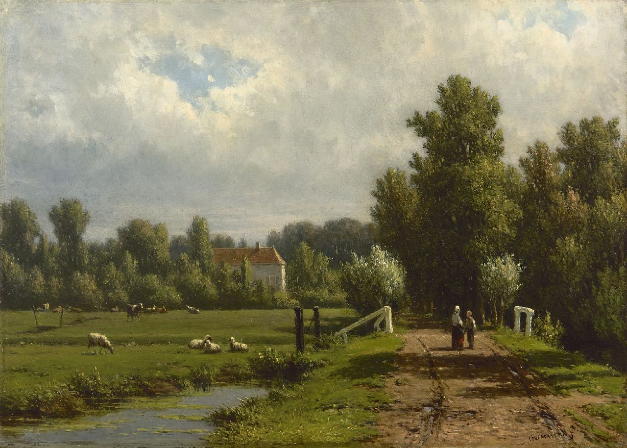 Maaten J.J. van der | Jacob Jan van der Maaten | Gemälde zum Verkauf angeboten | Gespräch auf dem Weg zum Gutshaus, Öl auf Holz 25,7 x 36,0 cm, Unterzeichnet u.r.