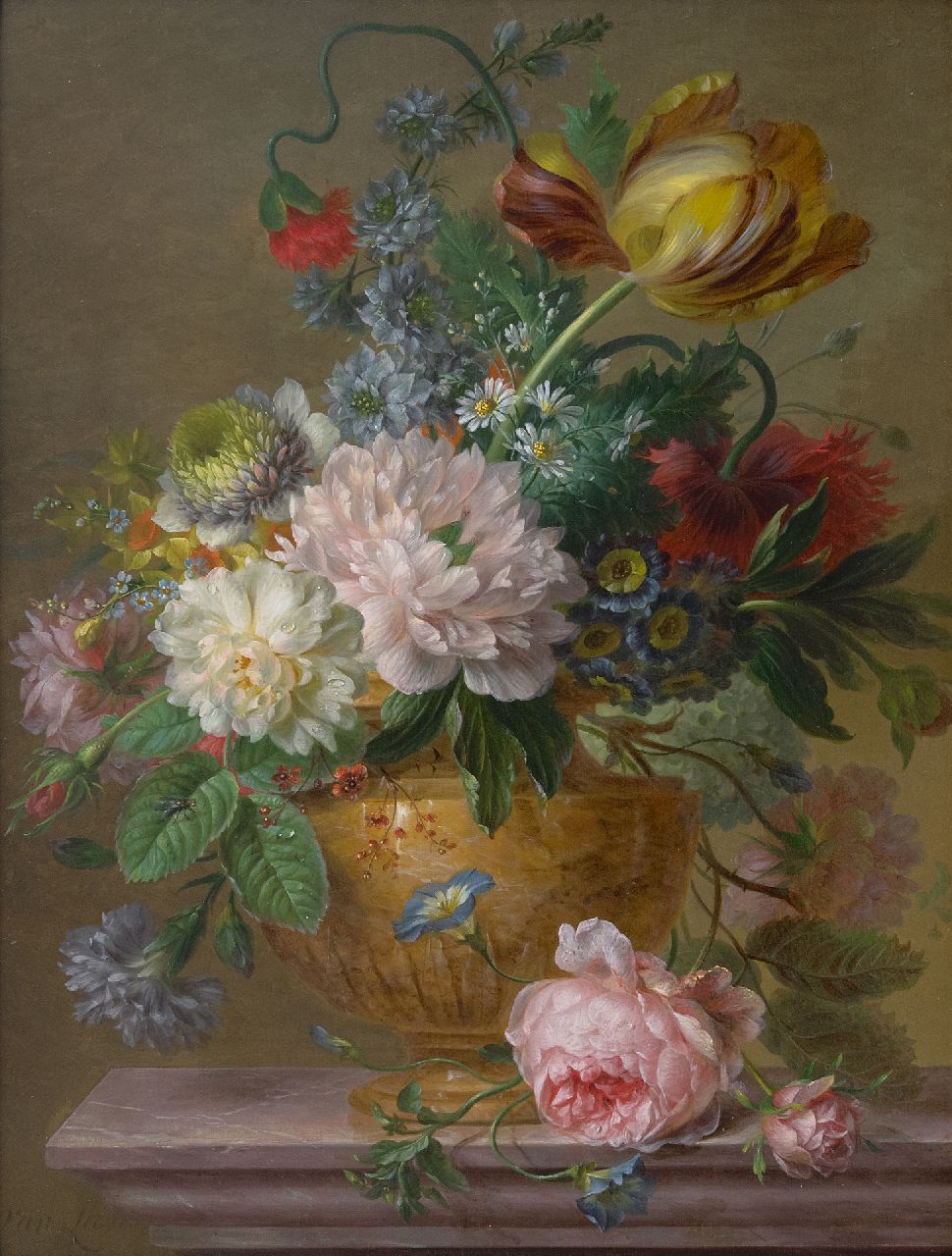 Leen W. van | Willem van Leen, Blumenstilleben mit Pfingstrosen und Tulpen, Öl auf Holz 48,8 x 36,7 cm, Unterzeichnet u.l.