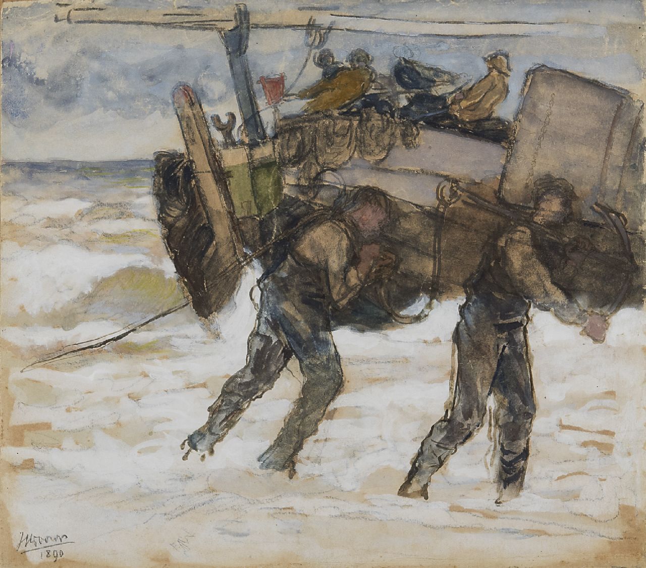 Toorop J.Th.  | Johannes Theodorus 'Jan' Toorop, Fischer beim Anlegen am Strand, Kreide und Aquarell auf Papier auf Leinwand 25,2 x 28,2 cm, Unterzeichnet u.l. und datiert 1890