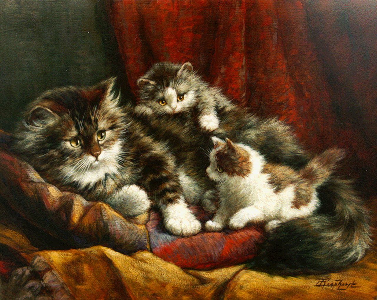 Raaphorst C.  | Cornelis Raaphorst, A cat with two kittens, Öl auf Leinwand 39,0 x 49,0 cm, signed l.r.