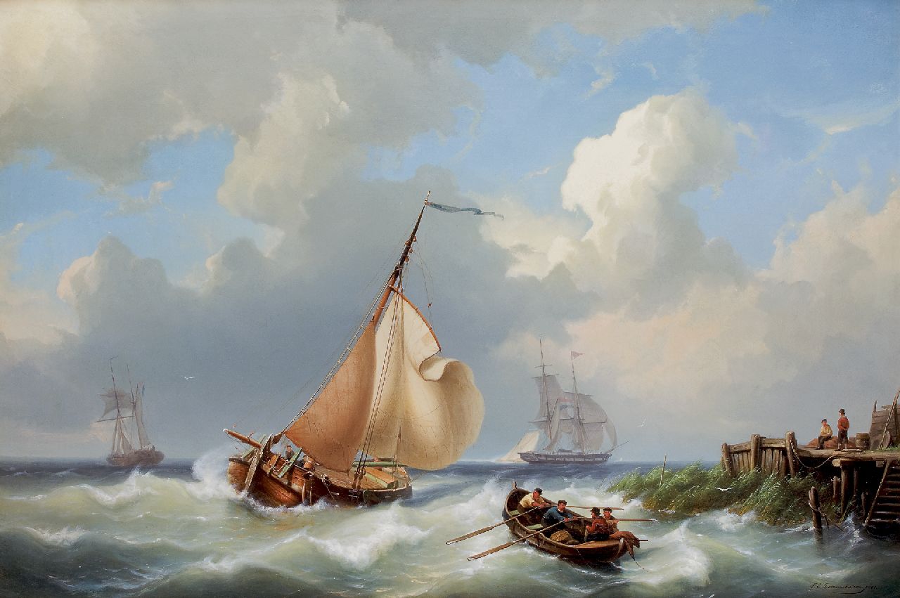 Dommelshuizen C.C.  | Cornelis Christiaan Dommelshuizen | Gemälde zum Verkauf angeboten | Segelschiffe vor der Küste bei stürmischem Wetter, Öl auf Leinwand 56,3 x 83,0 cm, Unterzeichnet u.r. und datiert 1861