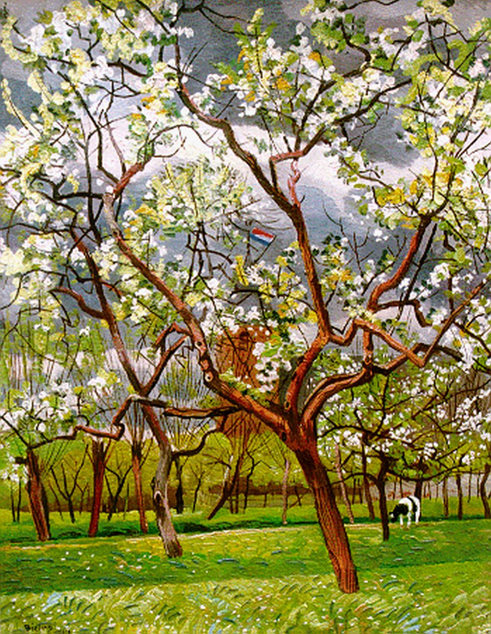 Bieling H.F.  | Hermann Friederich 'Herman' Bieling, An orchard in full blossom, Betuwe, Öl auf Leinwand 69,9 x 55,5 cm, signed l.l. und dated '46