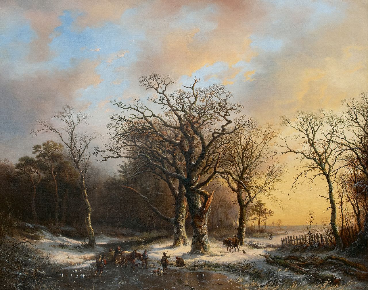 Bodeman W.  | Willem Bodeman, Begegnung auf dem Eis bei Sonnenuntergang, Öl auf Leinwand 84,6 x 106,3 cm, Unterzeichnet u.r. und zu datieren um 1846