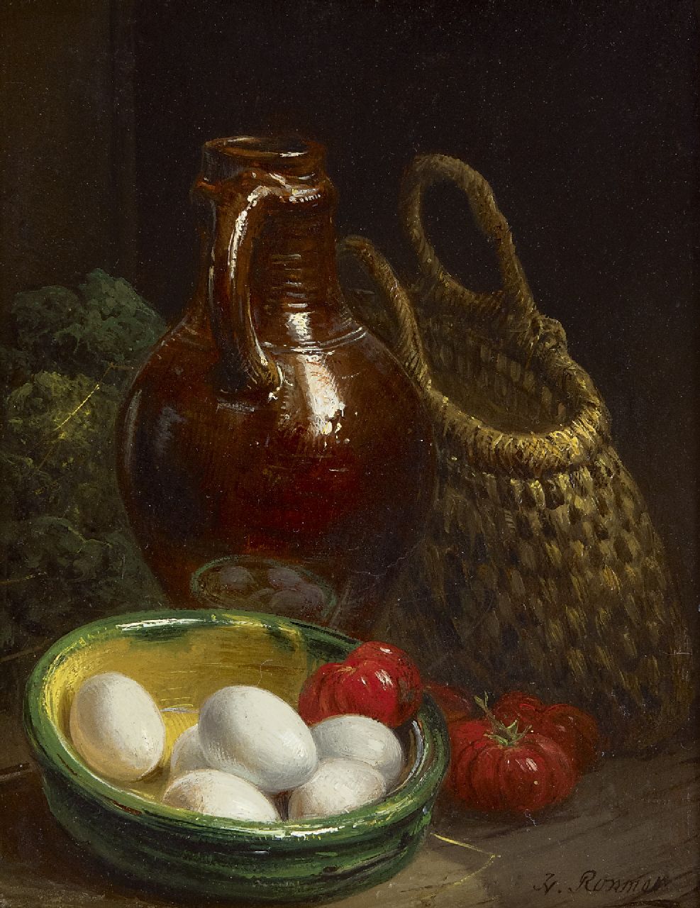 Ronner-Knip H.  | Henriette Ronner-Knip, Stilleben mit Eiern, Tomaten und Steingut, Öl auf Holz 18,9 x 14,6 cm, Unterzeichnet u.l.