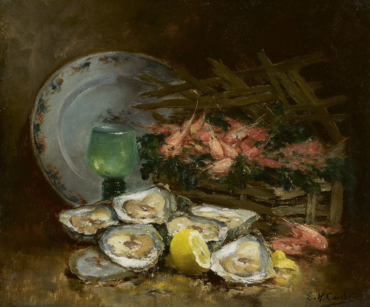 Cauchois E.H.  | Eugène-Henri Cauchois, Stilleben mit Austern, Öl auf Leinwand 38,1 x 46,0 cm, Unterzeichnet u.r.