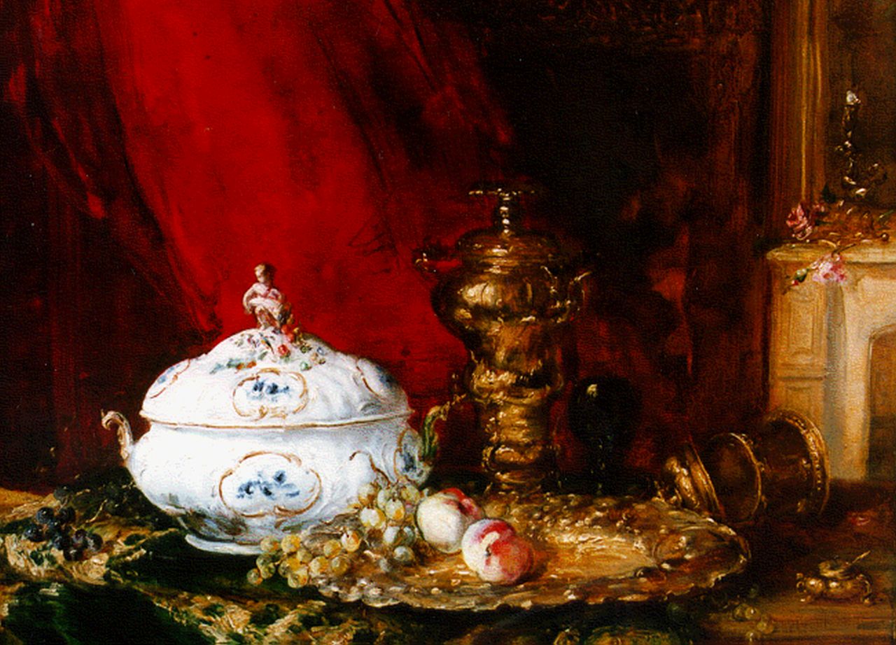 Vollon A.  | Antoine Vollon, A still life with a porcelain tureen, Öl auf Leinwand 38,8 x 47,0 cm, signed l.l.
