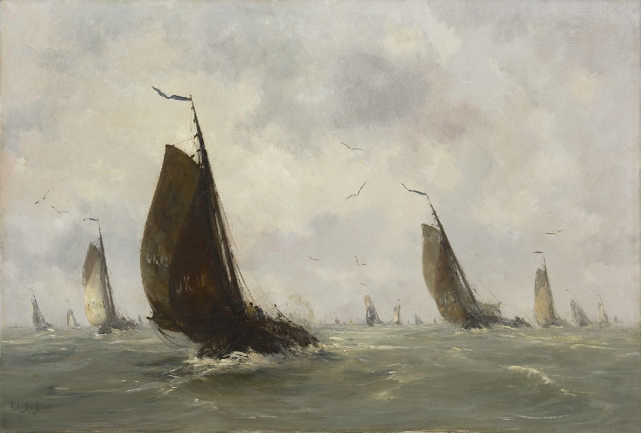 Smith H.  | Hobbe Smith, Ausfahrende Urker Fischerboote, Öl auf Leinwand 72,5 x 107,3 cm, Unterzeichnet u.l.