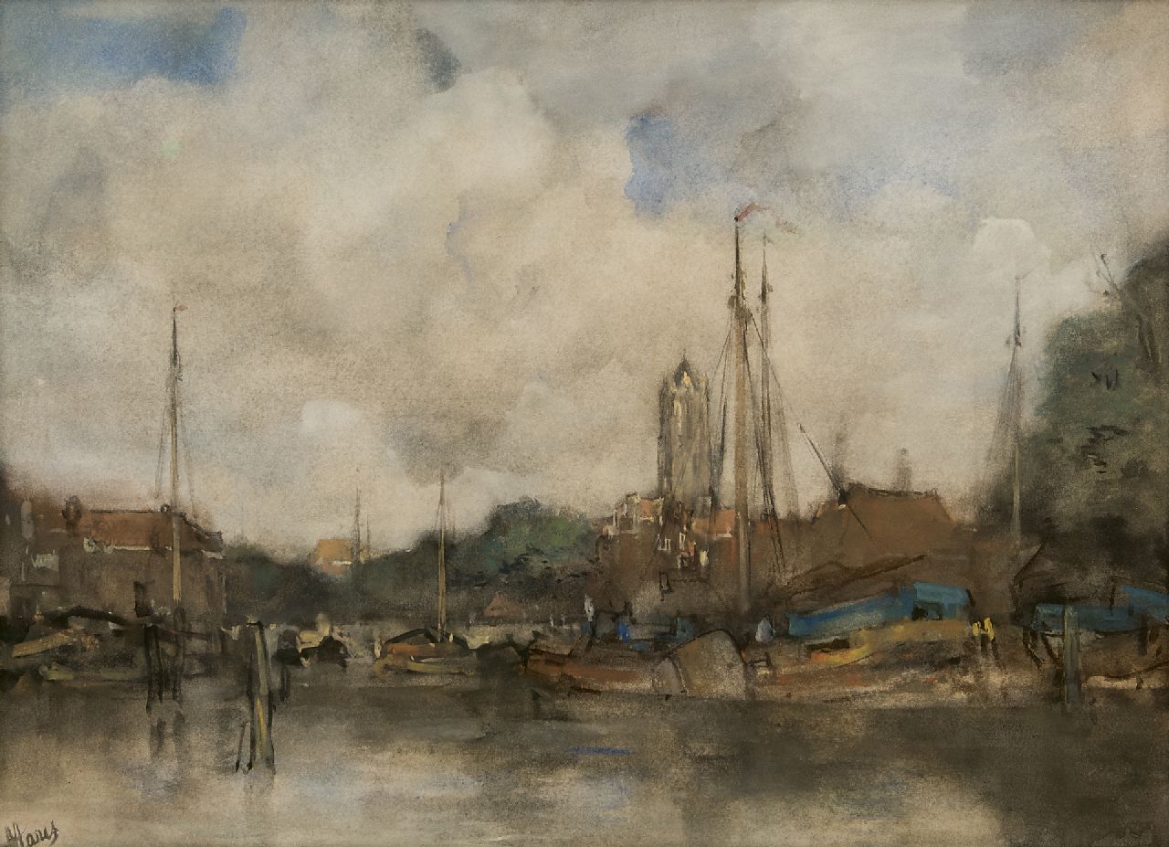 Maris J.H.  | Jacobus Hendricus 'Jacob' Maris | Aquarelle und Zeichnungen zum Verkauf angeboten | Hafenansicht auf Utrecht und der Dom Turm, Aquarell auf Papier 42,0 x 57,4 cm, Unterzeichnet u.l.