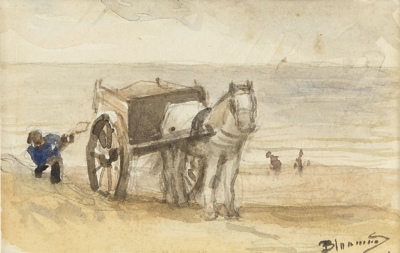 Blommers B.J.  | Bernardus Johannes 'Bernard' Blommers, Muschelkarren bei Katwijk, Aquarell auf Papier 9,0 x 13,9 cm, Unterzeichnet u.r.