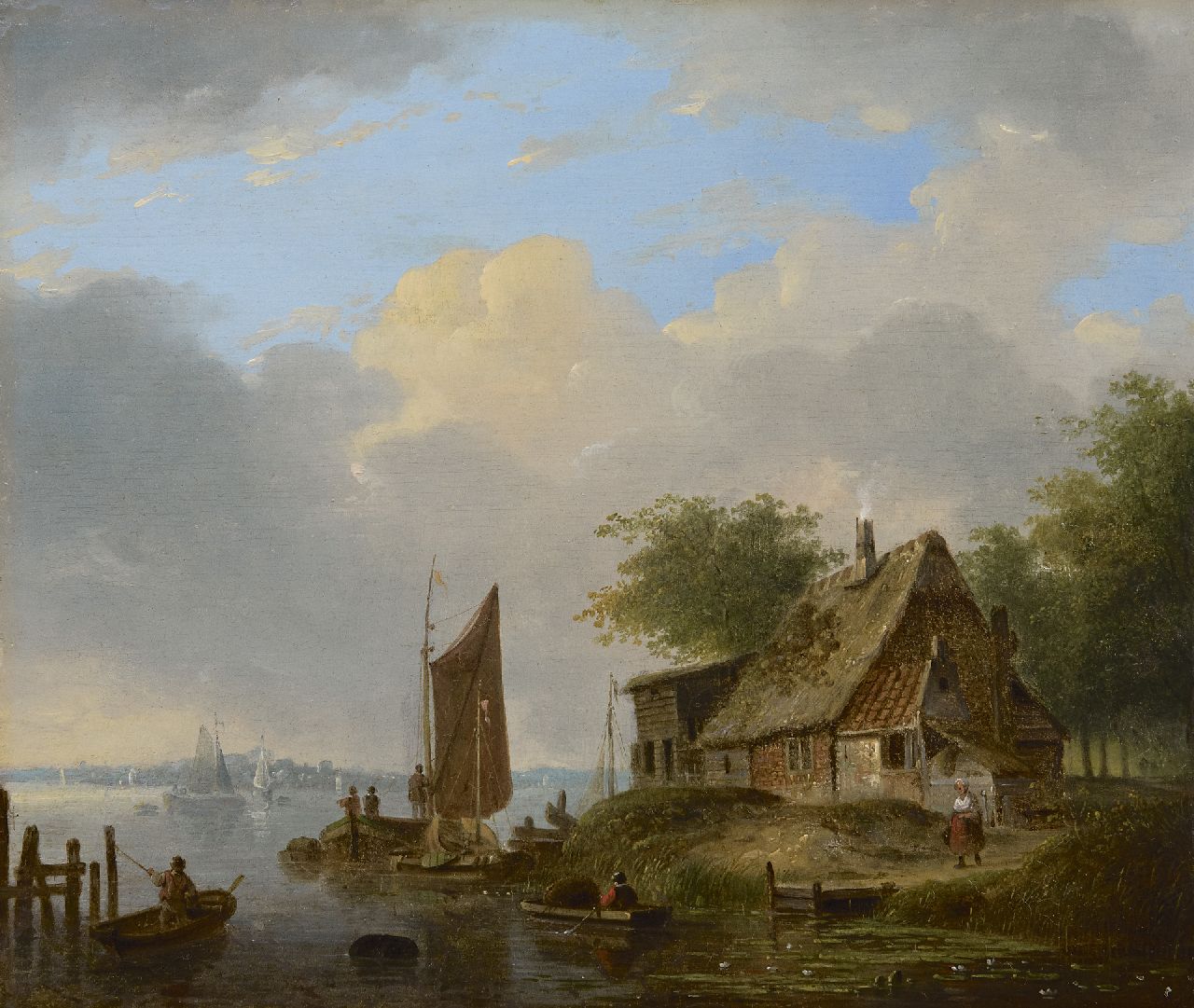Stok J. van der | Jacobus van der Stok, Sommerliche Aussicht auf einen Kanal, Öl auf Holz 26,6 x 31,7 cm