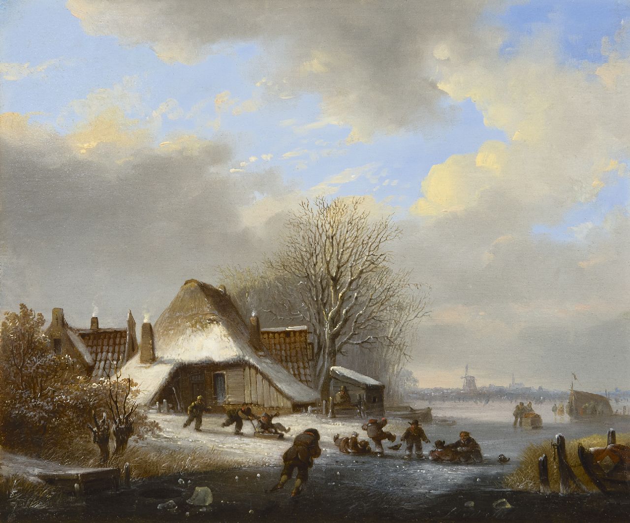 Stok J. van der | Jacobus van der Stok, Eisvergnügenauf zugefrorenem Fluss, Öl auf Holz 26,3 x 31,9 cm, Unterzeichnet u.r.