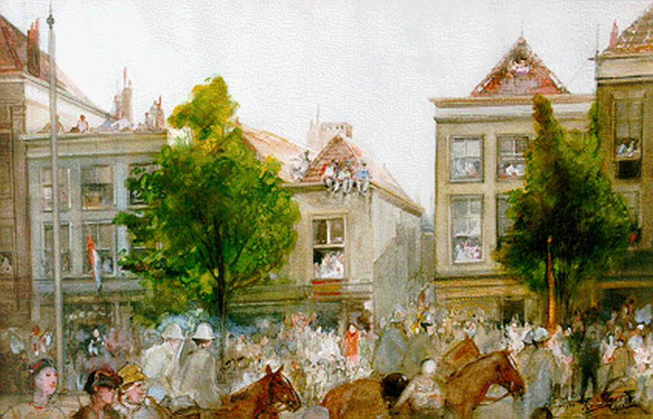 Bakker F.  | Frans Bakker, Funeral procession of 'Prins Hendrik' , 't Spui The Hague, Aquarell auf Papier 34,0 x 52,5 cm, signed l.r. und dated 1934