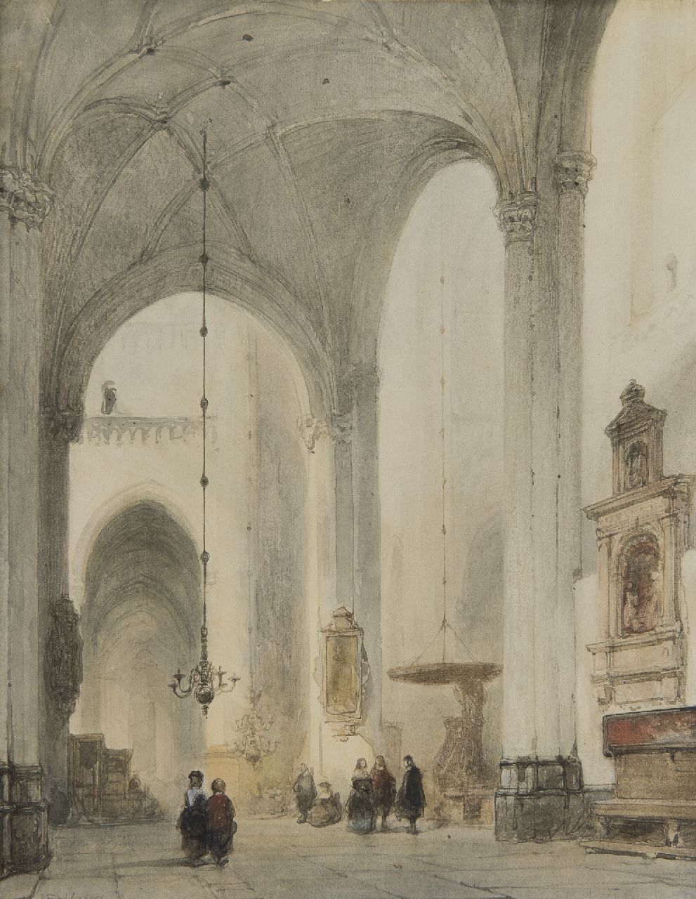 Bosboom J.  | Johannes Bosboom, Kircheninnenraum (Grote Kerk Breda}, Aquarell auf Papier 38,3 x 29,8 cm, Unterzeichnet u.l.