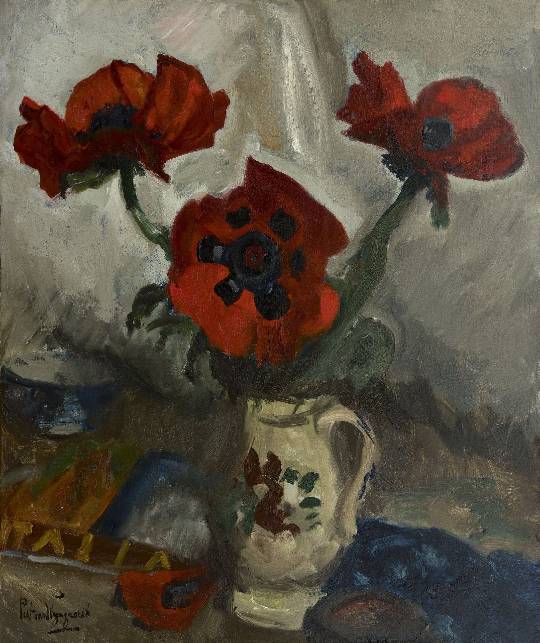 Wijngaerdt P.T. van | Petrus Theodorus 'Piet' van Wijngaerdt, Klatschrosen in Kanne mit Blumenmuster, Öl auf Leinwand 80,5 x 68,9 cm, Unterzeichnet u.l.