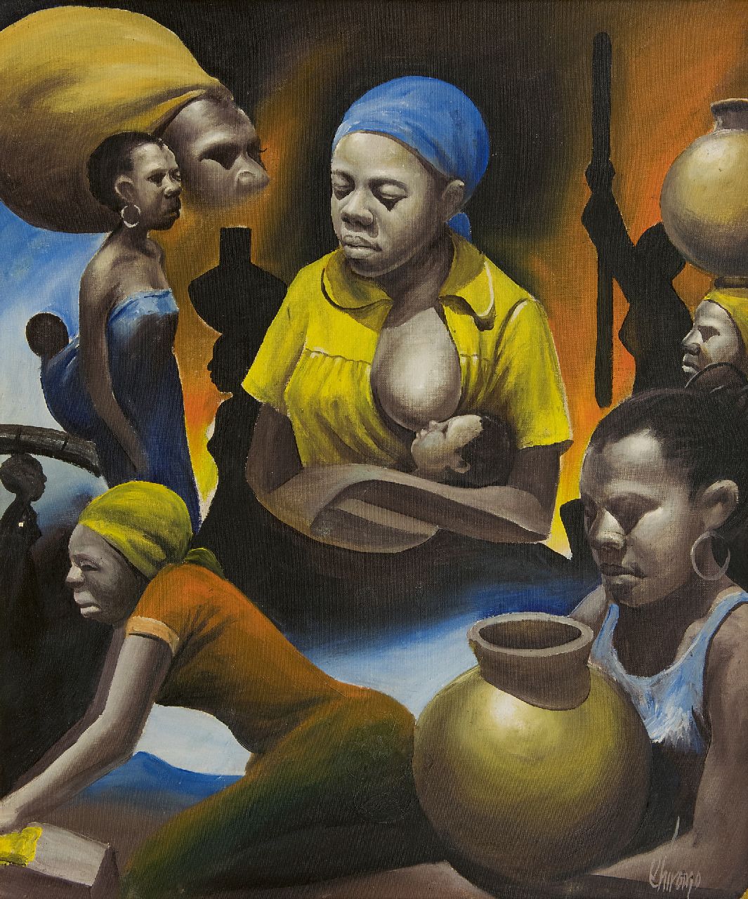 Chiromo K.  | Kay Chiromo | Gemälde zum Verkauf angeboten | Africanische Frauen, Öl auf Leinwand 54,6 x 45,5 cm, Unterzeichnet u.r. und im Verso und datiert im Verso '79