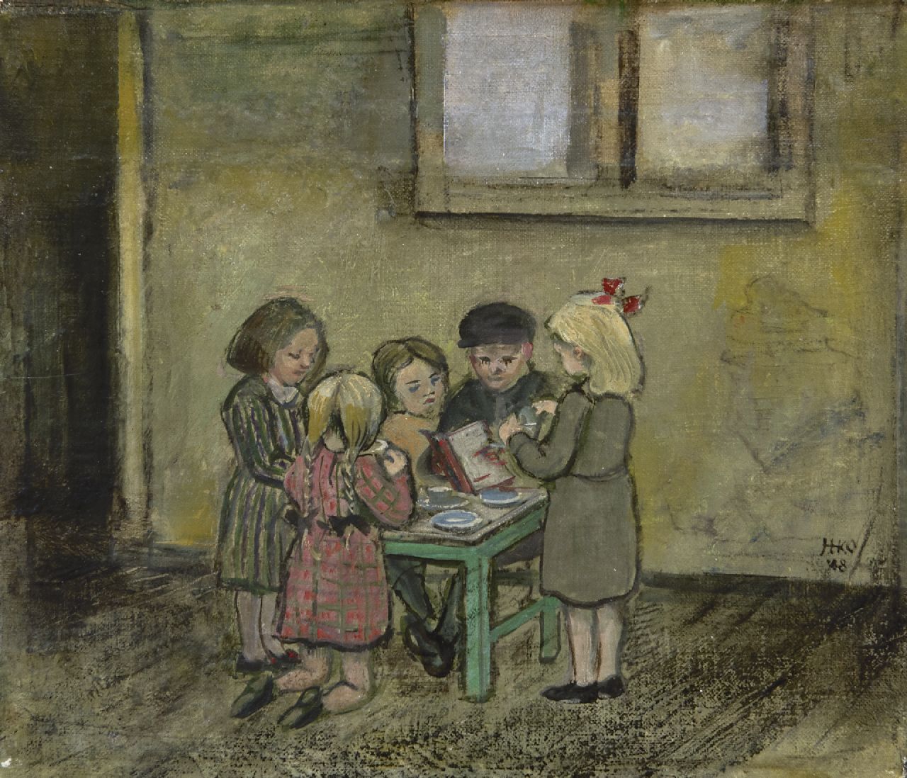 Kamerlingh Onnes H.H.  | 'Harm' Henrick Kamerlingh Onnes, Kinder spielend an einem Tisch, Öl auf Leinwand auf Holz 19,2 x 22,7 cm, Unterzeichnet M.r. mit Monogramm und datiert '48