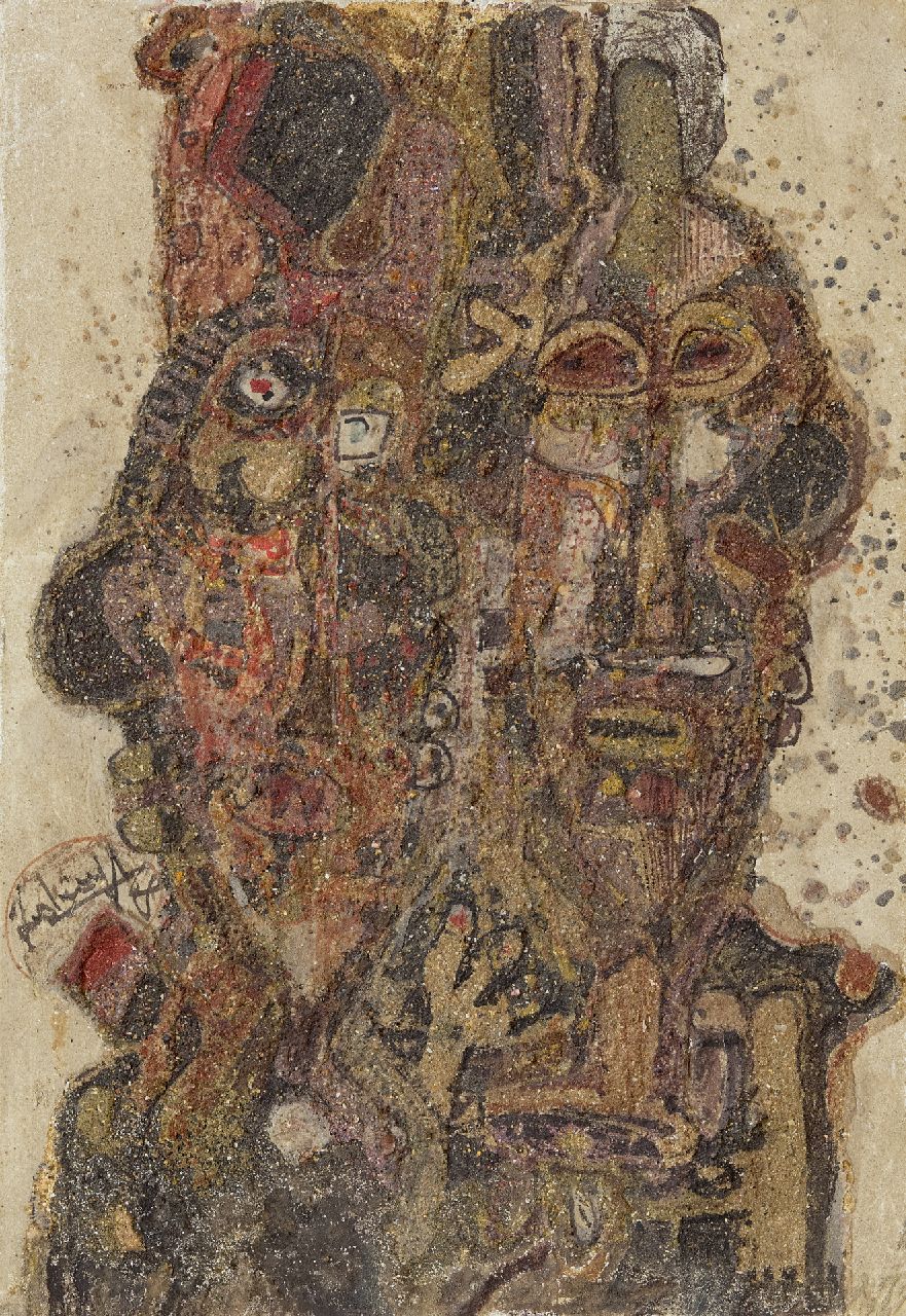 Adingra G.E.  | Adingra | Gemälde zum Verkauf angeboten | L'intuition Imaginative des Magiciens, Öl und Sand auf Leinwand 72,9 x 50,3 cm, Unterzeichnet M.l. und datiert '68