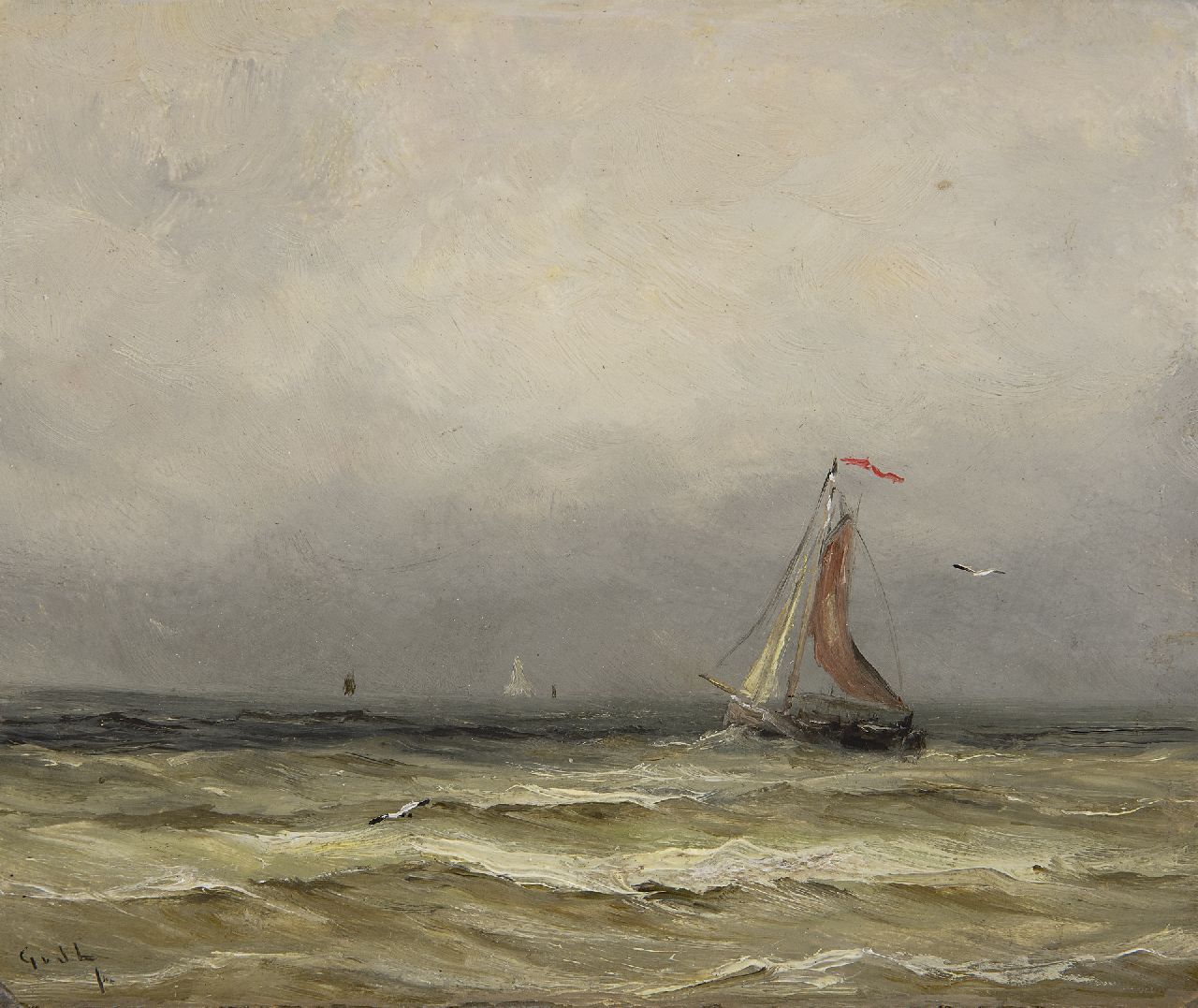 Laan G. van der | Gerard van der Laan, Fischerboote auf dem Meer, Öl auf Malereifaser 15,7 x 18,6 cm, Unterzeichnet u.l. mit Initialen