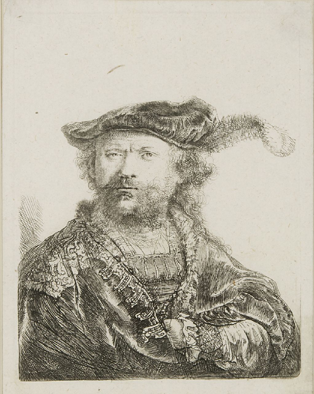 Rembrandt (Rembrandt Harmensz. van Rijn)   | Rembrandt (Rembrandt Harmensz. van Rijn), Selbstporträt mit samtenem Barett und Feder, Radierung auf Papier 13,5 x 10,4 cm