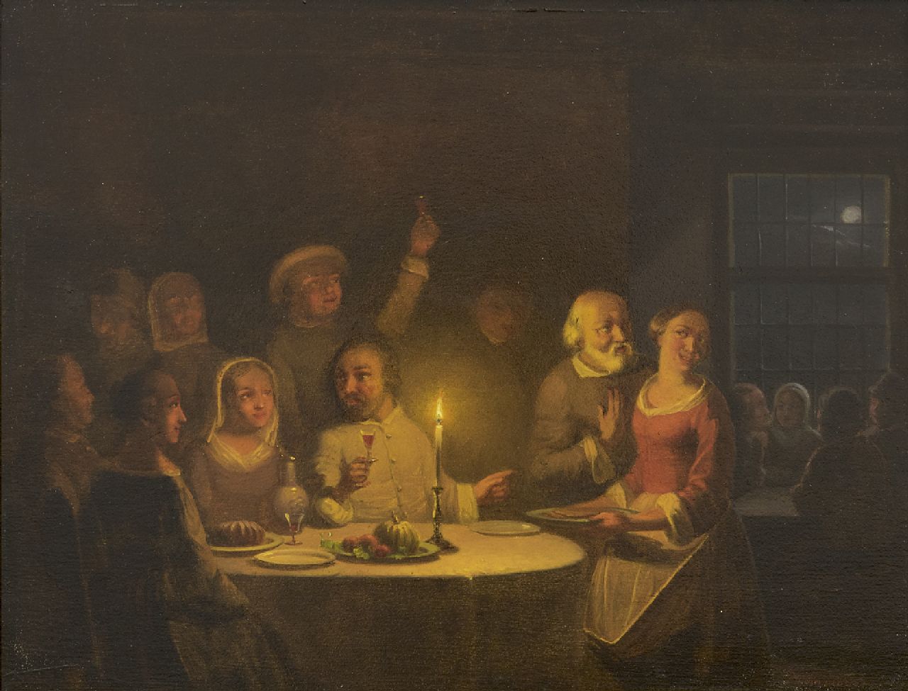 Pieter Gerardus Sjamaar | Fröhliche Gesellschaft bei Kerzenlicht, Öl auf Holz, 21,9 x 28,4 cm, Unterzeichnet u.r.