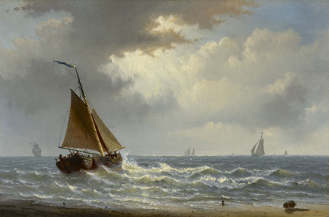 Gruijter jr. W.  | Willem Gruijter jr., Holländische Segelschiffe vor der Küste, Öl auf Holz 23,0 x 35,1 cm, Unterzeichnet u.l. mit Initialen