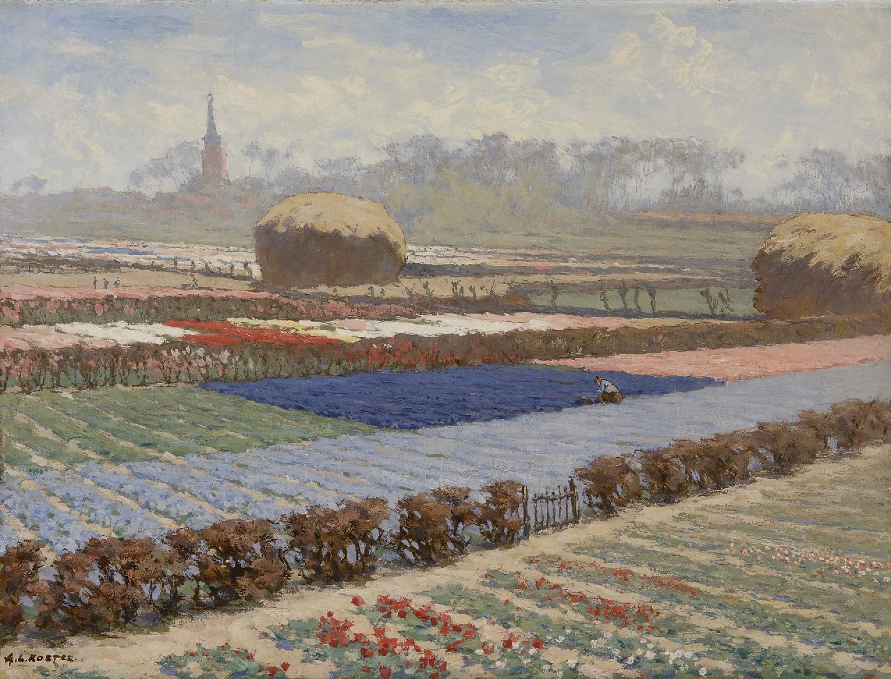 Koster A.L.  | Anton Louis 'Anton L.' Koster, Feld mit blühenden Blumenzwiebeln und Hyazinthen, Öl auf Leinwand 44,7 x 59,3 cm, Unterzeichnet u.l. und mit Stempel auf Etikett auf Keilrahmen