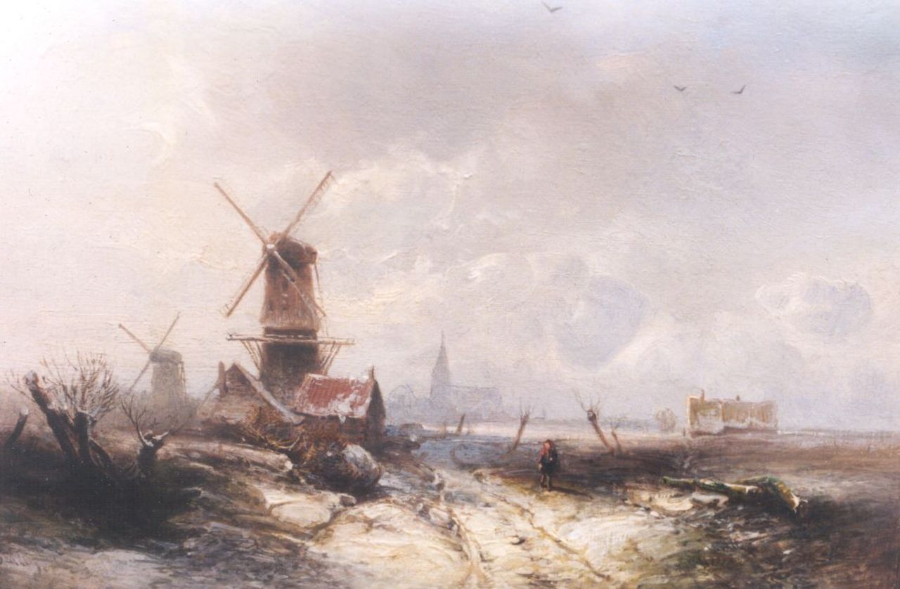 Kluyver P.L.F.  | 'Pieter' Lodewijk Francisco Kluyver, A winter landscape with windmills, Öl auf Holz 19,5 x 27,3 cm, signed l.l.