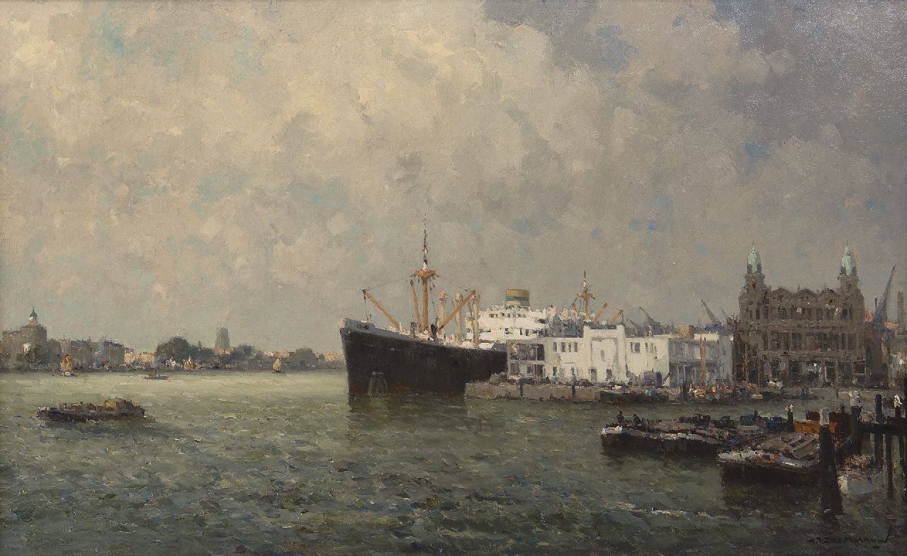 Delfgaauw G.J.  | Gerardus Johannes 'Gerard' Delfgaauw, Die Nieuwe Maas bei Rotterdam, Hauptgeschäftsstelle der HAL, Öl auf Leinwand 60,5 x 100,4 cm, Unterzeichnet u.r.