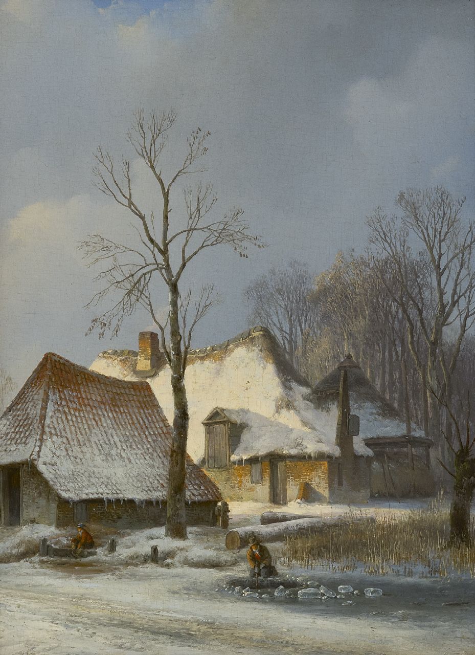 Schelfhout A.  | Andreas Schelfhout, Winterlicher Bauernhof mit Schlittschuhläufer und Eisangler, Öl auf Holz 30,8 x 23,0 cm, zu datieren ca. 1825