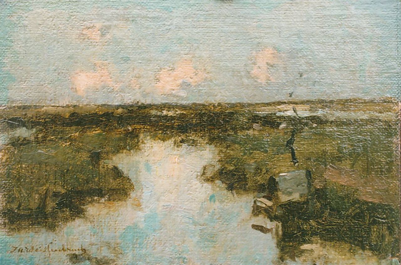 Weissenbruch H.J.  | Hendrik Johannes 'J.H.' Weissenbruch, A polder landscape, Öl auf Leinwand auf Holz 13,1 x 19,3 cm, signed l.l.
