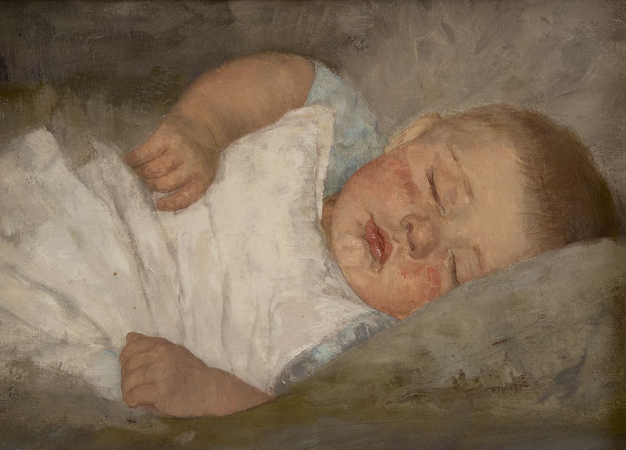 Moes W.W.  | Wilhelmina Walburga 'Wally' Moes, Schlafendes Kind, Öl auf Leinwand 27,5 x 37,1 cm