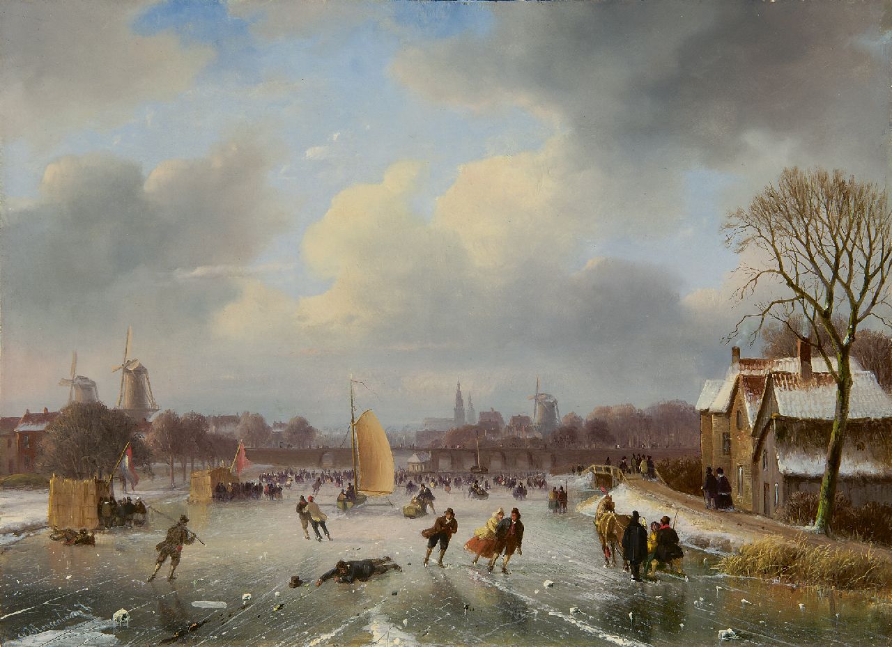 Roosenboom N.J.  | Nicolaas Johannes Roosenboom, Wintervergnügen mit Eissegelboot und Schlittschuhläufern, Öl auf Holz 29,5 x 40,4 cm, Unterzeichnet l.u.