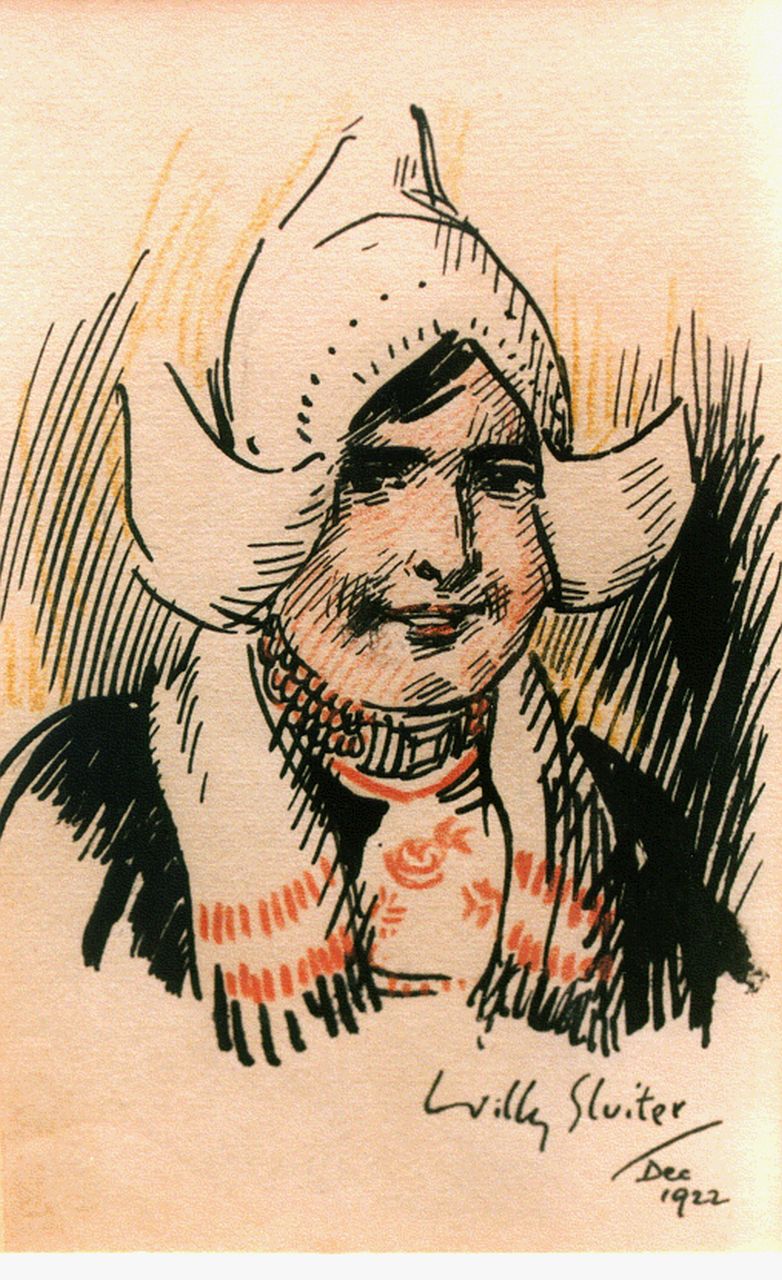Sluiter J.W.  | Jan Willem 'Willy' Sluiter, A girl from Volendam, Ausziehtusche auf Papier 15,5 x 9,5 cm, signed l.r. und dated 1922