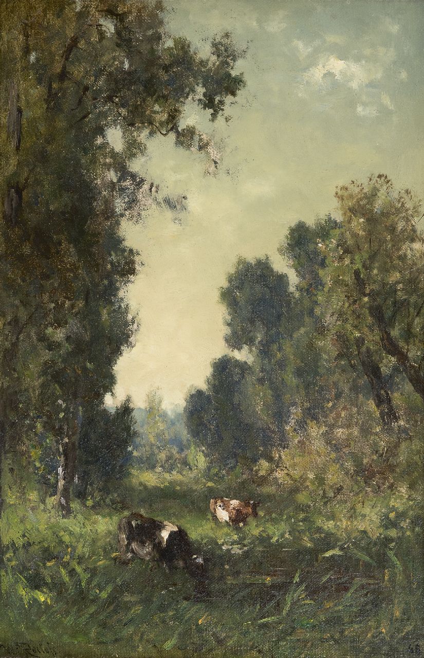 Roelofs W.  | Willem Roelofs, Landschaft mit trinkenden Kühen, Lanaije, Öl auf Leinwand 43,7 x 28,5 cm, Unterzeichnet u.l. und zu datieren um 1884