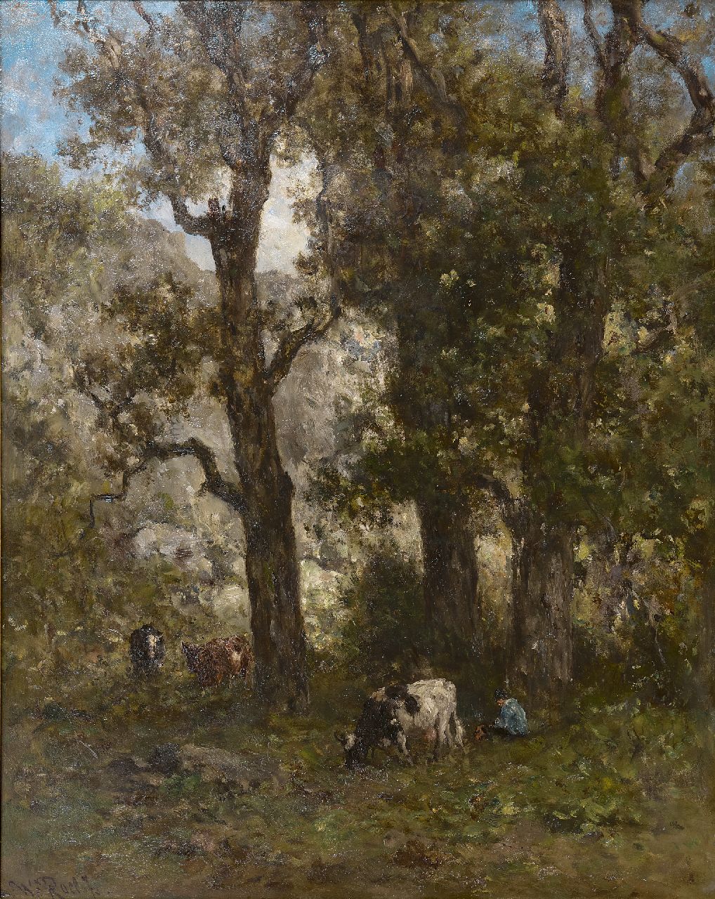 Roelofs W.  | Willem Roelofs, Hirt mit Kühen im Wald, Öl auf Holz 56,1 x 45,8 cm, Unterzeichnet u.l.