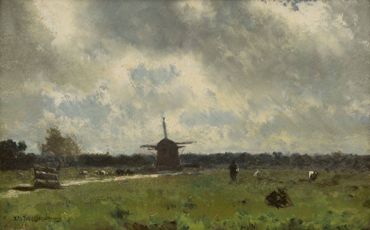 Weissenbruch H.J.  | Hendrik Johannes 'J.H.' Weissenbruch, A polder landscape on a rainy day, Öl auf Papier auf Holz 19,4 x 30,8 cm, Unterzeichnet u.l.