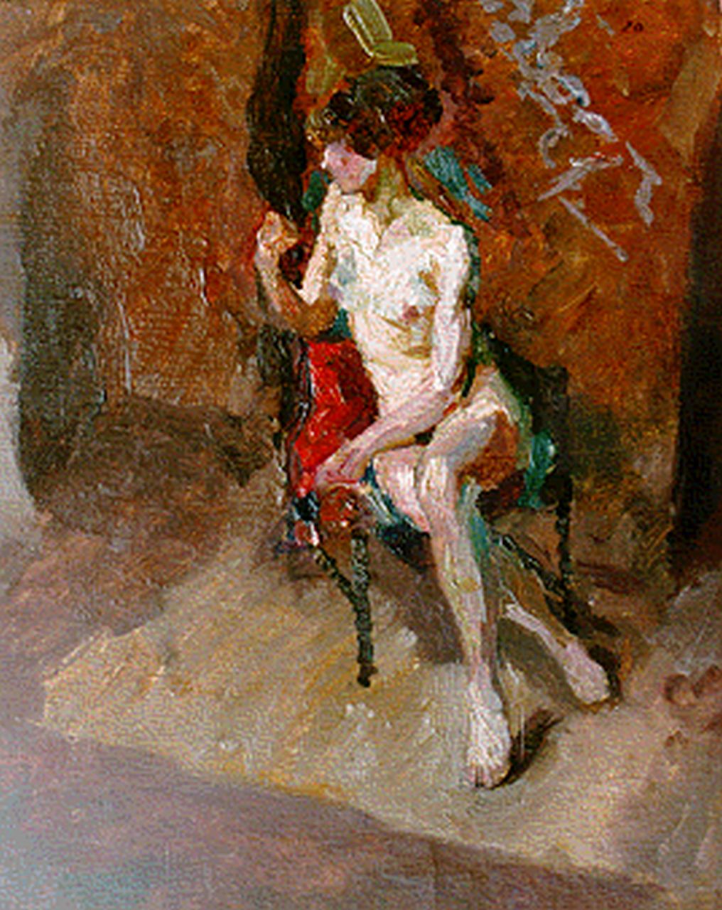 Elsinga J.  | Johannes 'Joh' Elsinga, A seated nude, Öl auf Holz 32,3 x 26,2 cm, signed u.l. with monogram und dated '20