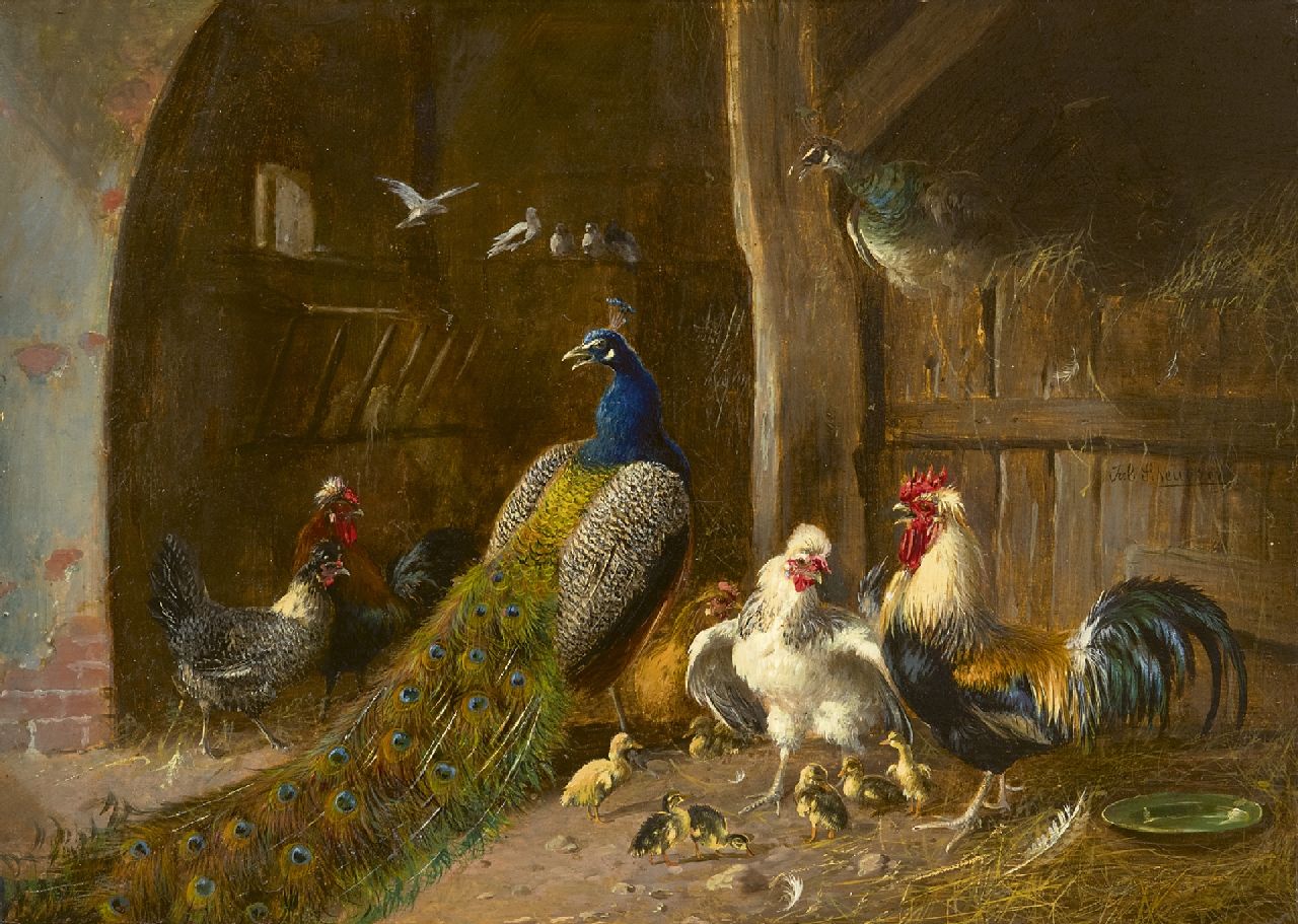 Scheuerer J.  | Julius Scheuerer, Pfauen mit Hahn und Hühnern in der Scheune, Öl auf Holz 22,2 x 31,1 cm, Unterzeichnet M.r