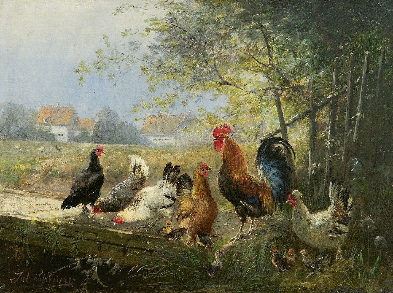 Scheuerer J.  | Julius Scheuerer, Hähne mit seinen Hühner, Öl auf Holz 18,7 x 24,4 cm, Unterzeichnet u.l.