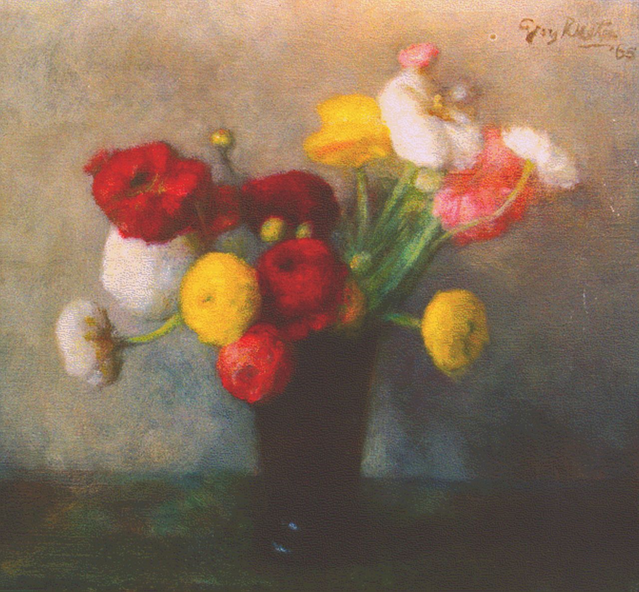 Rueter W.C.G.  | Wilhelm Christian 'Georg' Rueter, Turban buttercups in a vase, Öl auf Leinwand 41,3 x 44,0 cm, signed u.r. und dated '65