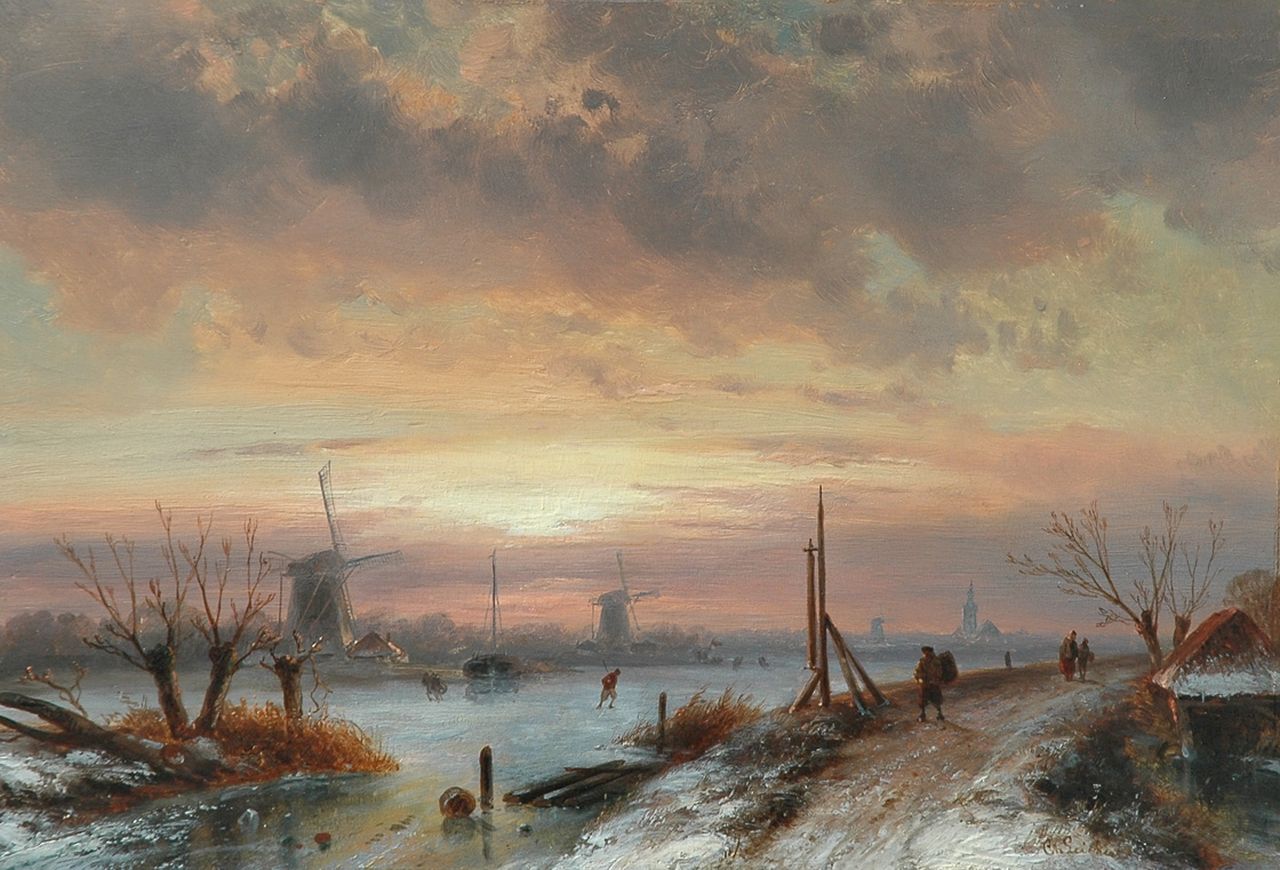 Leickert C.H.J.  | 'Charles' Henri Joseph Leickert, Schlittschuhläufer und Spaziergänger beim Sonnenuntergang, Öl auf Holz 29,1 x 42,5 cm, Unterzeichnet r.u.