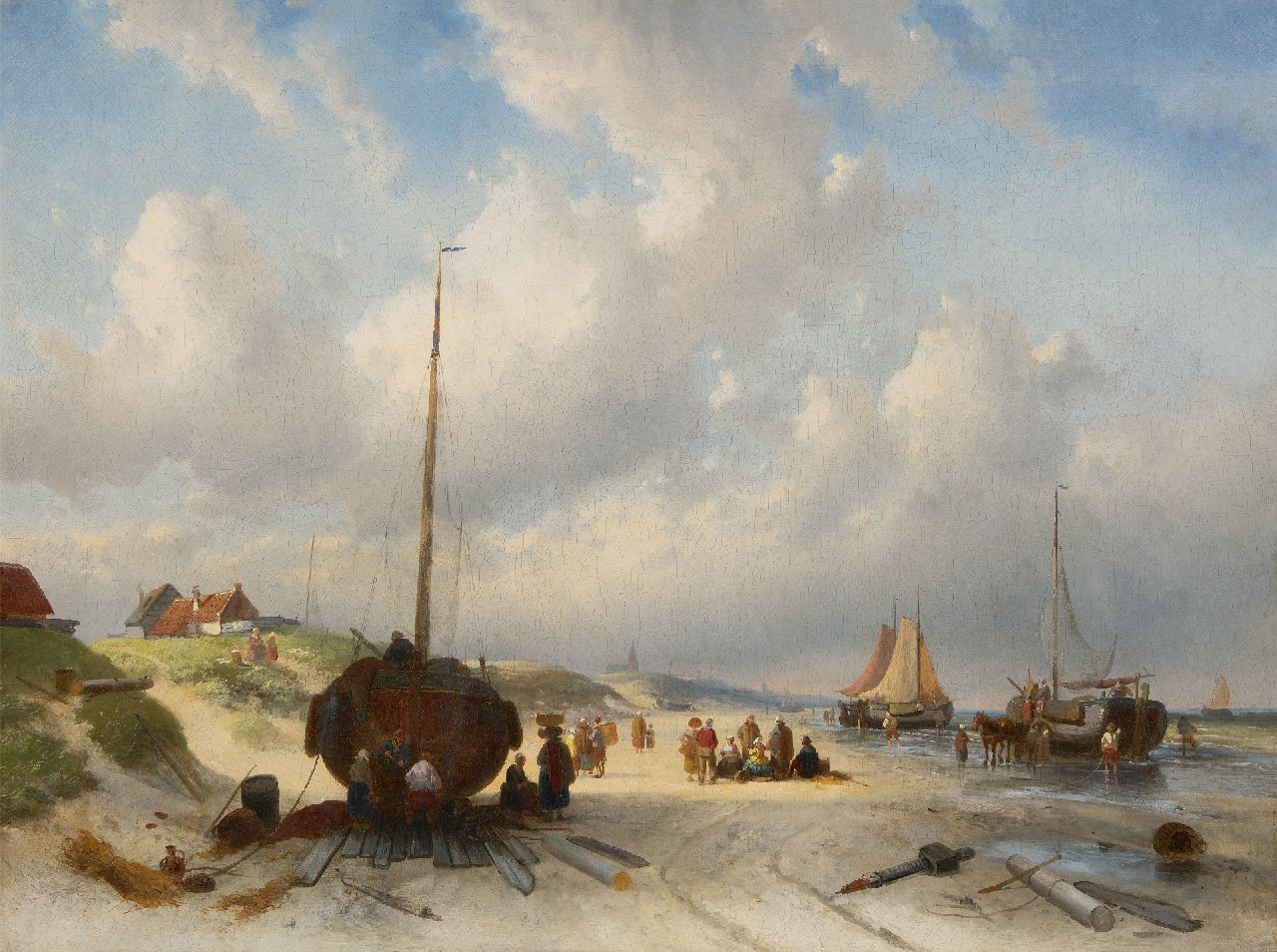 Leickert C.H.J.  | 'Charles' Henri Joseph Leickert | Gemälde zum Verkauf angeboten | Fischerleute bei trockengefallenen Fischerbooten auf dem Strand, Öl auf Leinwand 77,8 x 103,5 cm