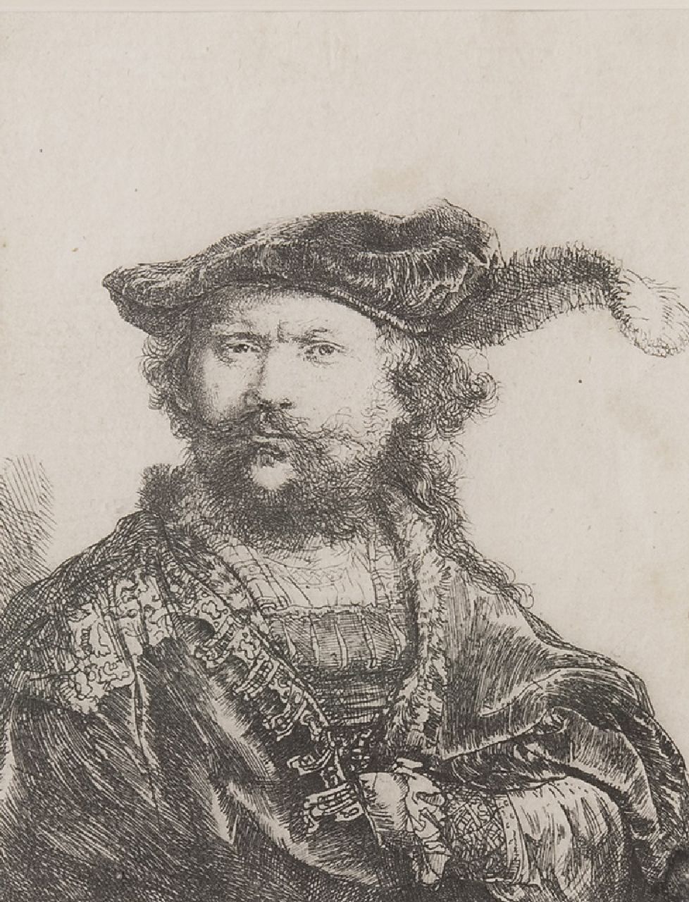 Rembrandt (Rembrandt Harmensz. van Rijn)   | Rembrandt (Rembrandt Harmensz. van Rijn), Selbstporträt in samtenem Barett mit Feder, Radierung auf Papier 13,4 x 10,3 cm