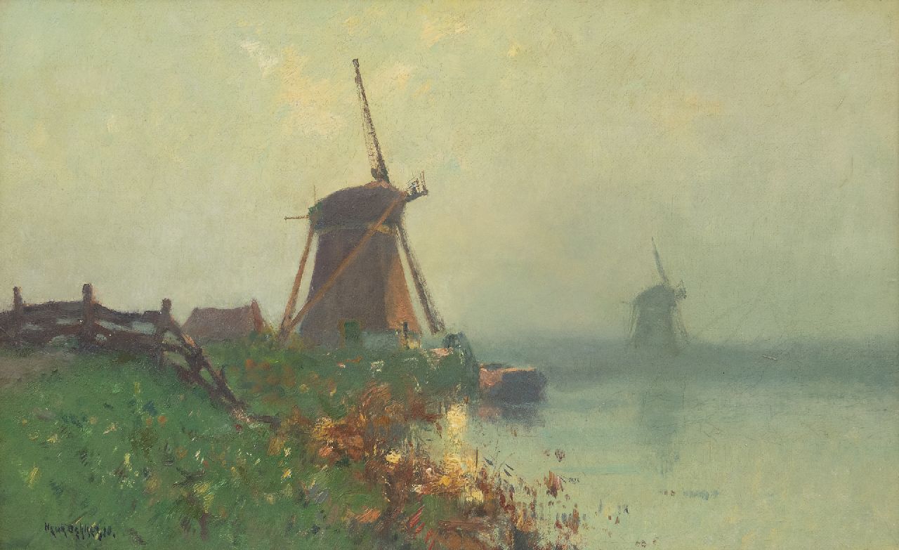 Dekker H.N.  | Henricus Nicolaas 'Henk' Dekker, Windmühlen im Frühnebel, Öl auf Leinwand 26,8 x 43,2 cm, Unterzeichnet u.l.