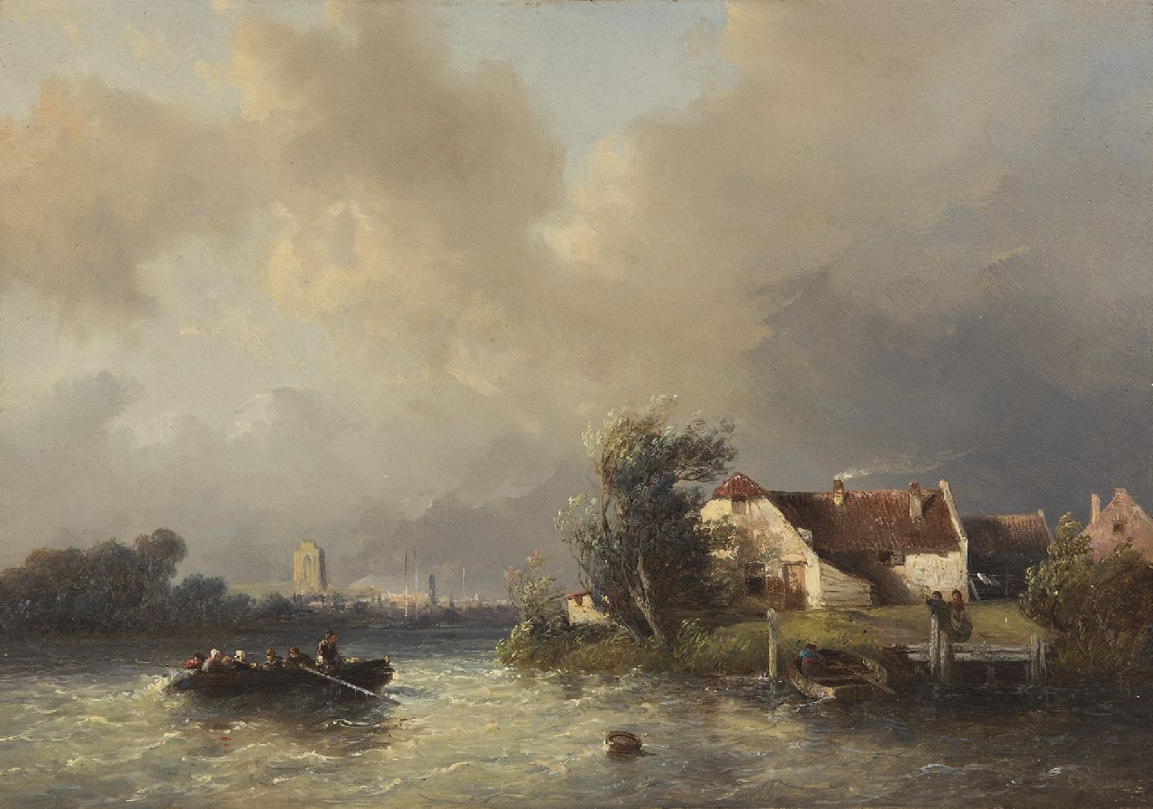 Verveer S.L.  | 'Salomon' Leonardus Verveer | Gemälde zum Verkauf angeboten | Fähre auf unruhigem Fluss, die Grote Kerk von Dordrecht in der Ferne, Öl auf Holz 20,8 x 29,6 cm, Unterzeichnet u.r. und datiert '51