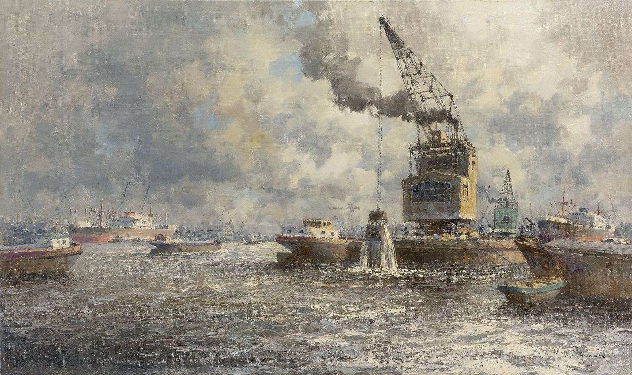 Drulman M.J.  | Marinus Johannes Drulman, Schiffahrt auf dem Nieuwe Maas, Rotterdam, Öl auf Leinwand 60,3 x 100,8 cm, Unterzeichnet u.r. mit Pseudonym ' M. de Jongere'