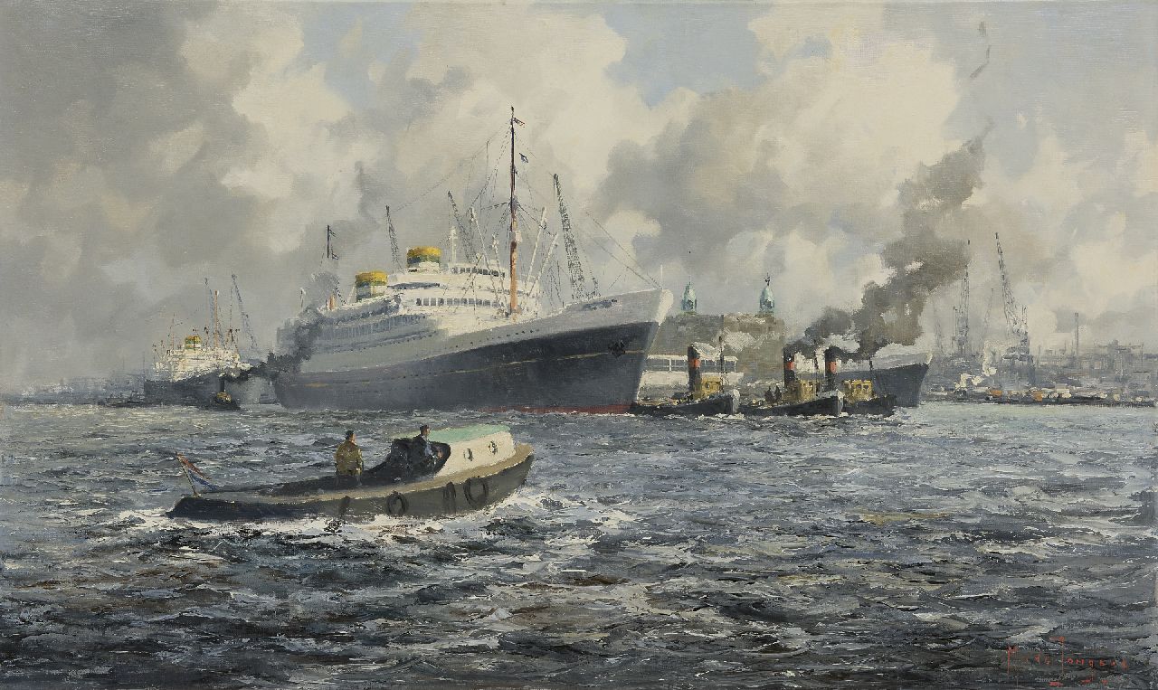 Drulman M.J.  | Marinus Johannes Drulman, Ozeandampfer vom HAL im Hafen von Rotterdam, Öl auf Leinwand 60,1 x 100,1 cm, Unterzeichnet u.r.mit Pseudonym 'M. de Jongere'