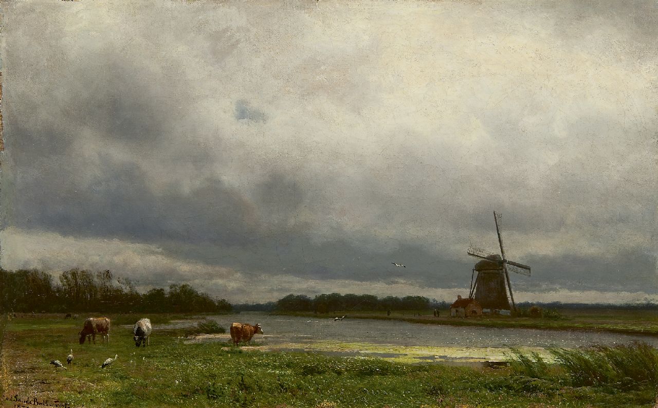 Sande Bakhuyzen J.J. van de | Julius Jacobus van de Sande Bakhuyzen, Polderlandschaft mit Vieh und eine Windmühle, Öl auf Leinwand 36,7 x 57,4 cm, Unterzeichnet u.l. und datiert 187[0?]